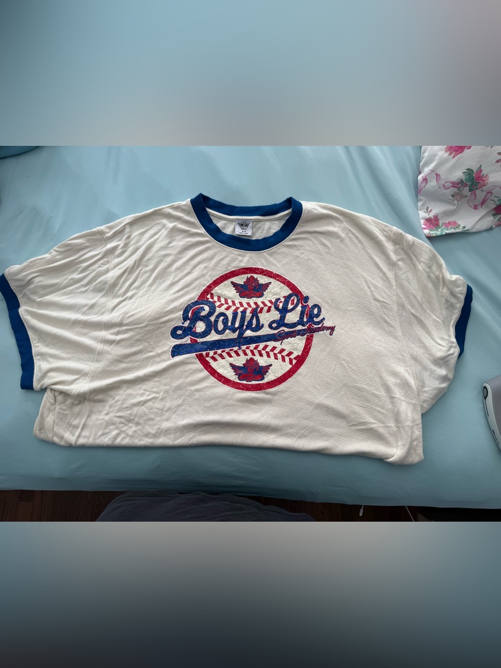 Boys Lie Cream Short Sleeve Tee with Blue and Red Graphic